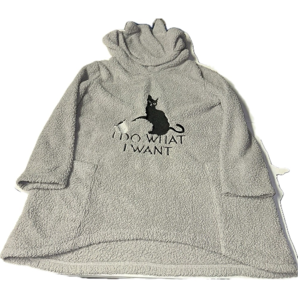 Women's Size Large Oversized Gray Blanket Hoodie‎ Cats " I Do What I Want"